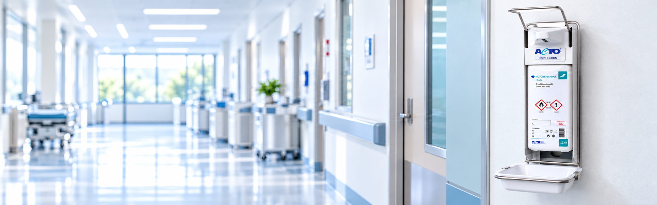 ACTODERMANOL PLUS antiseptic dispenser in a hospital corridor